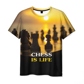 Мужская футболка 3D с принтом Шахматы - это жизнь в Курске, 100% полиэфир | прямой крой, круглый вырез горловины, длина до линии бедер | chess | game | sport | гроссмейстер | закат | игра | интеллект | солнце | спорт | фигура | шахматист | шахматы