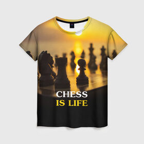 Женская футболка 3D с принтом Шахматы - это жизнь в Курске, 100% полиэфир ( синтетическое хлопкоподобное полотно) | прямой крой, круглый вырез горловины, длина до линии бедер | chess | game | sport | гроссмейстер | закат | игра | интеллект | солнце | спорт | фигура | шахматист | шахматы