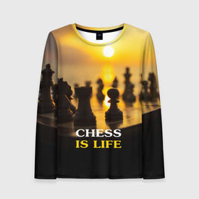 Женский лонгслив 3D с принтом Шахматы - это жизнь в Курске, 100% полиэстер | длинные рукава, круглый вырез горловины, полуприлегающий силуэт | Тематика изображения на принте: chess | game | sport | гроссмейстер | закат | игра | интеллект | солнце | спорт | фигура | шахматист | шахматы