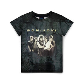 Детская футболка 3D с принтом Группа Bon Jovi в Курске, 100% гипоаллергенный полиэфир | прямой крой, круглый вырез горловины, длина до линии бедер, чуть спущенное плечо, ткань немного тянется | bon jovi | бон | бон джови | глэм | группа | джови | джон | рок | хард