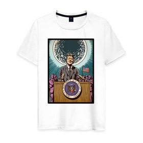Мужская футболка хлопок с принтом Джон Кеннеди в Курске, 100% хлопок | прямой крой, круглый вырез горловины, длина до линии бедер, слегка спущенное плечо. | apollo | nasa | usa | аполлон | высадка на луну | космическая гонка | луна | лунная программа | наса | президент америки | сша