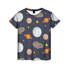 Женская футболка 3D с принтом Луна в Курске, 100% полиэфир ( синтетическое хлопкоподобное полотно) | прямой крой, круглый вырез горловины, длина до линии бедер | астероид | луна | метеорит | планета | сатурн | юпитер
