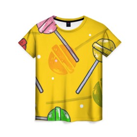 Женская футболка 3D с принтом Чупа-Чупс в Курске, 100% полиэфир ( синтетическое хлопкоподобное полотно) | прямой крой, круглый вырез горловины, длина до линии бедер | конфеты | леденец | паттерн | сладость | узор | чупа чупс