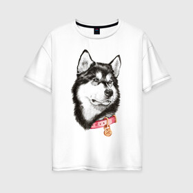 Женская футболка хлопок Oversize с принтом Маламут в Курске, 100% хлопок | свободный крой, круглый ворот, спущенный рукав, длина до линии бедер
 | аляска | карандаш | маламут | рисунок | собака | хаски