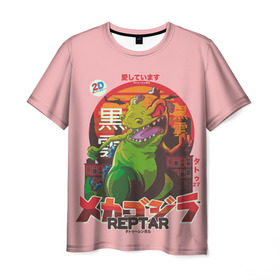 Мужская футболка 3D с принтом Годзилла в Курске, 100% полиэфир | прямой крой, круглый вырез горловины, длина до линии бедер | Тематика изображения на принте: lizard | raptor | reptar | t rex  dino | годзила | годзилла | динозавр | иероглифы | монстр | япония | ящер