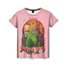 Женская футболка 3D с принтом Годзилла в Курске, 100% полиэфир ( синтетическое хлопкоподобное полотно) | прямой крой, круглый вырез горловины, длина до линии бедер | lizard | raptor | reptar | t rex  dino | годзила | годзилла | динозавр | иероглифы | монстр | япония | ящер