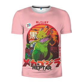 Мужская футболка 3D спортивная с принтом Годзилла в Курске, 100% полиэстер с улучшенными характеристиками | приталенный силуэт, круглая горловина, широкие плечи, сужается к линии бедра | lizard | raptor | reptar | t rex  dino | годзила | годзилла | динозавр | иероглифы | монстр | япония | ящер