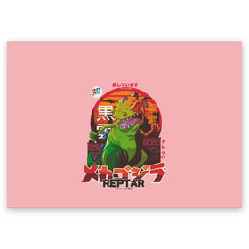 Поздравительная открытка с принтом Годзилла в Курске, 100% бумага | плотность бумаги 280 г/м2, матовая, на обратной стороне линовка и место для марки
 | lizard | raptor | reptar | t rex  dino | годзила | годзилла | динозавр | иероглифы | монстр | япония | ящер