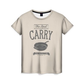 Женская футболка 3D с принтом The Real Carry - Pan Protectio в Курске, 100% полиэфир ( синтетическое хлопкоподобное полотно) | прямой крой, круглый вырез горловины, длина до линии бедер | Тематика изображения на принте: battlegrounds | playerunknowns | pubg | пубг | сковородка