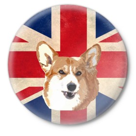 Значок с принтом Королевский корги в Курске,  металл | круглая форма, металлическая застежка в виде булавки | Тематика изображения на принте: англия | великобритания | вельш корги | корги | корги пемброк | королева | пемброк | собака | флаг