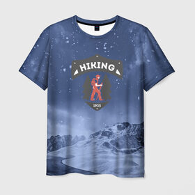 Мужская футболка 3D с принтом Пеший турист в Курске, 100% полиэфир | прямой крой, круглый вырез горловины, длина до линии бедер | Тематика изображения на принте: mountain | возвышение | возвышенность | гора | горка | горы | лес | природа | склон | туман | холм