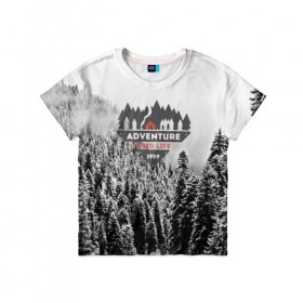 Детская футболка 3D с принтом Приключение(Wild life) в Курске, 100% гипоаллергенный полиэфир | прямой крой, круглый вырез горловины, длина до линии бедер, чуть спущенное плечо, ткань немного тянется | mountain | возвышение | возвышенность | гора | горка | горы | лес | природа | склон | туман | холм