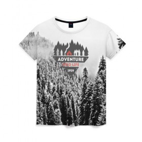 Женская футболка 3D с принтом Приключение(Wild life) в Курске, 100% полиэфир ( синтетическое хлопкоподобное полотно) | прямой крой, круглый вырез горловины, длина до линии бедер | mountain | возвышение | возвышенность | гора | горка | горы | лес | природа | склон | туман | холм