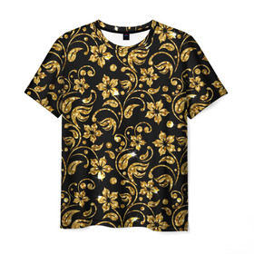 Мужская футболка 3D с принтом Люкс в Курске, 100% полиэфир | прямой крой, круглый вырез горловины, длина до линии бедер | diamond | flowers | gold | golden | блеск | богатство | бриллиант | злато | золото | орнамент | узор | цветы