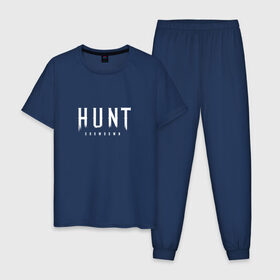 Мужская пижама хлопок с принтом Hunt: Showdown White Logo в Курске, 100% хлопок | брюки и футболка прямого кроя, без карманов, на брюках мягкая резинка на поясе и по низу штанин
 | Тематика изображения на принте: crytek | game | hunt | hunt: showdown | hunter | monsters | showdown | игра | крайтек | охота | столкновение