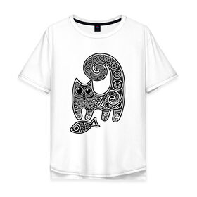 Мужская футболка хлопок Oversize с принтом Кот3 в Курске, 100% хлопок | свободный крой, круглый ворот, “спинка” длиннее передней части |  кот | котик | рыба | узор | узоры