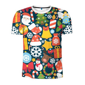 Мужская футболка 3D спортивная с принтом Новогодний набор в Курске, 100% полиэстер с улучшенными характеристиками | приталенный силуэт, круглая горловина, широкие плечи, сужается к линии бедра | new year | елка | новый год | подарок | снеговик | снежинка