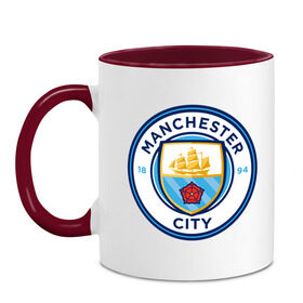 Кружка двухцветная с принтом Manchester City в Курске, керамика | объем — 330 мл, диаметр — 80 мм. Цветная ручка и кайма сверху, в некоторых цветах — вся внутренняя часть | citi | city | manchester | siti | англия | болельщик | горожане | гостевая | манчестер | сити | фанат | форма | футбольная