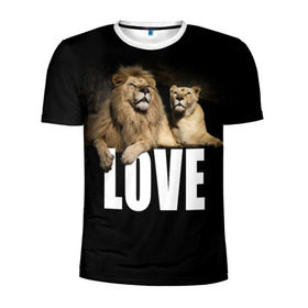 Мужская футболка 3D спортивная с принтом LOVE в Курске, 100% полиэстер с улучшенными характеристиками | приталенный силуэт, круглая горловина, широкие плечи, сужается к линии бедра | влюблённые | дикая кошка | животные | лев | львица | любовь | пара | природа | свадьба