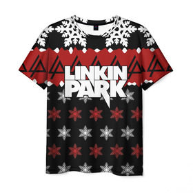 Мужская футболка 3D с принтом Праздничный Linkin Park в Курске, 100% полиэфир | прямой крой, круглый вырез горловины, длина до линии бедер | b | chester | linkin park | альтернативный метал | альтернативный рок | беннингтон | группа | знак | красный | линкин парк | музыкант | надпись | новогодний | новый год | ню метал | певец | праздник | рождество