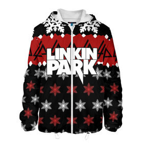 Мужская куртка 3D с принтом Праздничный Linkin Park в Курске, ткань верха — 100% полиэстер, подклад — флис | прямой крой, подол и капюшон оформлены резинкой с фиксаторами, два кармана без застежек по бокам, один большой потайной карман на груди. Карман на груди застегивается на липучку | b | chester | linkin park | альтернативный метал | альтернативный рок | беннингтон | группа | знак | красный | линкин парк | музыкант | надпись | новогодний | новый год | ню метал | певец | праздник | рождество