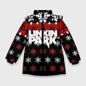 Зимняя куртка для девочек 3D с принтом Праздничный Linkin Park в Курске, ткань верха — 100% полиэстер; подклад — 100% полиэстер, утеплитель — 100% полиэстер. | длина ниже бедра, удлиненная спинка, воротник стойка и отстегивающийся капюшон. Есть боковые карманы с листочкой на кнопках, утяжки по низу изделия и внутренний карман на молнии. 

Предусмотрены светоотражающий принт на спинке, радужный светоотражающий элемент на пуллере молнии и на резинке для утяжки. | b | chester | linkin park | альтернативный метал | альтернативный рок | беннингтон | группа | знак | красный | линкин парк | музыкант | надпись | новогодний | новый год | ню метал | певец | праздник | рождество