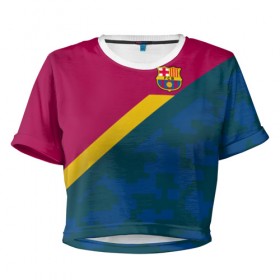 Женская футболка 3D укороченная с принтом FC Barcelona 2018 Sport camo в Курске, 100% полиэстер | круглая горловина, длина футболки до линии талии, рукава с отворотами | 