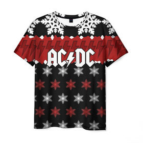 Мужская футболка 3D с принтом Праздничный AC/DC в Курске, 100% полиэфир | прямой крой, круглый вырез горловины, длина до линии бедер | ac dc | acdc | for those about to ro | австралийская | ангус янг | блюз рок | головы | группа | знак | красный | крис слэйд | музыканты | надпись | новогодний | новый год | певцы | праздник | рождество | рок | рок н ролл