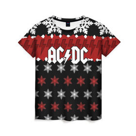 Женская футболка 3D с принтом Праздничный AC/DC в Курске, 100% полиэфир ( синтетическое хлопкоподобное полотно) | прямой крой, круглый вырез горловины, длина до линии бедер | ac dc | acdc | for those about to ro | австралийская | ангус янг | блюз рок | головы | группа | знак | красный | крис слэйд | музыканты | надпись | новогодний | новый год | певцы | праздник | рождество | рок | рок н ролл