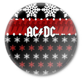 Значок с принтом Праздничный AC/DC в Курске,  металл | круглая форма, металлическая застежка в виде булавки | Тематика изображения на принте: ac dc | acdc | for those about to ro | австралийская | ангус янг | блюз рок | головы | группа | знак | красный | крис слэйд | музыканты | надпись | новогодний | новый год | певцы | праздник | рождество | рок | рок н ролл