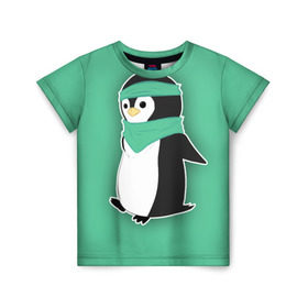 Детская футболка 3D с принтом Penguin green в Курске, 100% гипоаллергенный полиэфир | прямой крой, круглый вырез горловины, длина до линии бедер, чуть спущенное плечо, ткань немного тянется | cartoon | green | penguin | зеленый | милый | мультик | мультфильм | пингвин | рисунок
