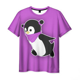 Мужская футболка 3D с принтом Penguin purple в Курске, 100% полиэфир | прямой крой, круглый вырез горловины, длина до линии бедер | Тематика изображения на принте: cartoon | penguin | purple | милый | мультик | мультфильм | пингвин | рисунок | фиолетовый
