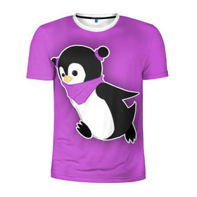 Мужская футболка 3D спортивная с принтом Penguin purple в Курске, 100% полиэстер с улучшенными характеристиками | приталенный силуэт, круглая горловина, широкие плечи, сужается к линии бедра | cartoon | penguin | purple | милый | мультик | мультфильм | пингвин | рисунок | фиолетовый