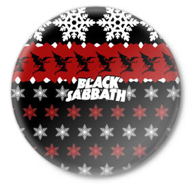 Значок с принтом Праздничный Black Sabbath в Курске,  металл | круглая форма, металлическая застежка в виде булавки | Тематика изображения на принте: black sabbath | группа | новогодний | новый год | рождество | свитер | снежинки | хард рок | хеви метал