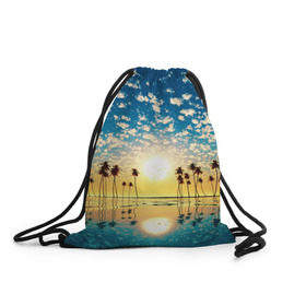 Рюкзак-мешок 3D с принтом Туристический Рай в Курске, 100% полиэстер | плотность ткани — 200 г/м2, размер — 35 х 45 см; лямки — толстые шнурки, застежка на шнуровке, без карманов и подкладки | блик | вода | волна | восход | закат | море | небо | облако | отблеск | отпуск | отражение | пальма | солнце | турист