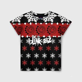 Детская футболка 3D с принтом Праздничный Blink-182 в Курске, 100% гипоаллергенный полиэфир | прямой крой, круглый вырез горловины, длина до линии бедер, чуть спущенное плечо, ткань немного тянется | blink | альтернативный рок | блинк | группа | знак | красный | марк хоппус | музыка | мэтт скиба | надпись | новогодний | новый год | панк | панк рок | песни | поп панк | праздник | рождество | рок