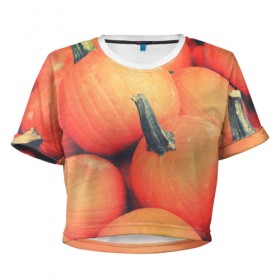 Женская футболка 3D укороченная с принтом Тыквы в Курске, 100% полиэстер | круглая горловина, длина футболки до линии талии, рукава с отворотами | halloween | pumpkin | кот | тыква | хэллоуин