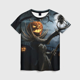 Женская футболка 3D с принтом Jack в Курске, 100% полиэфир ( синтетическое хлопкоподобное полотно) | прямой крой, круглый вырез горловины, длина до линии бедер | halloween | pumpkin | witch | ведьма | демон | кот | тыква | хэллоуин | череп