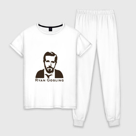 Женская пижама хлопок с принтом Ryan Gosling в Курске, 100% хлопок | брюки и футболка прямого кроя, без карманов, на брюках мягкая резинка на поясе и по низу штанин | ryan gosling | райан гослинг