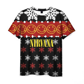 Мужская футболка 3D с принтом Nirvana праздничный в Курске, 100% полиэфир | прямой крой, круглый вырез горловины, длина до линии бедер | cobain | kurt | nirvana | альтернативный | боритон | гранж | группа | дональд | знак | кобейн | красный | крист новоселич | курт | музыка | музыкант | надпись | нирвана | новогодний | новый год | певец | праздник
