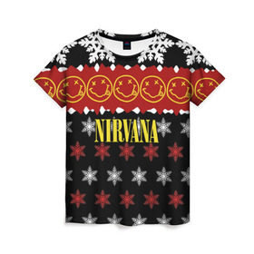 Женская футболка 3D с принтом Nirvana праздничный в Курске, 100% полиэфир ( синтетическое хлопкоподобное полотно) | прямой крой, круглый вырез горловины, длина до линии бедер | cobain | kurt | nirvana | альтернативный | боритон | гранж | группа | дональд | знак | кобейн | красный | крист новоселич | курт | музыка | музыкант | надпись | нирвана | новогодний | новый год | певец | праздник