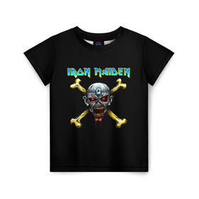 Детская футболка 3D с принтом Iron Maiden череп и кости в Курске, 100% гипоаллергенный полиэфир | прямой крой, круглый вырез горловины, длина до линии бедер, чуть спущенное плечо, ткань немного тянется | Тематика изображения на принте: iron maiden | адриан смит | айрон мейден | гроза | группа | дэйв мюррей | железная дева | ирон майден | метал | мрачный | музыка | песни | рок | стив харрис | тяжелый | флаг | хеви | хевиметал