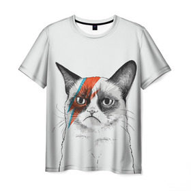 Мужская футболка 3D с принтом Grumpy cat (David Bowie) в Курске, 100% полиэфир | прямой крой, круглый вырез горловины, длина до линии бедер | Тематика изображения на принте: бодиарт | грумпи | дэвид боуи | злой кот | интернет | котей | котик | кошка | мем | мемас | мемчик. | молния на лице | рисунок на лице | сердитый