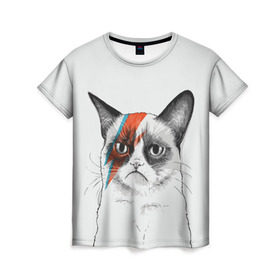 Женская футболка 3D с принтом Grumpy cat (David Bowie) в Курске, 100% полиэфир ( синтетическое хлопкоподобное полотно) | прямой крой, круглый вырез горловины, длина до линии бедер | Тематика изображения на принте: бодиарт | грумпи | дэвид боуи | злой кот | интернет | котей | котик | кошка | мем | мемас | мемчик. | молния на лице | рисунок на лице | сердитый