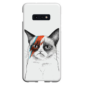 Чехол для Samsung S10E с принтом Grumpy cat (David Bowie) в Курске, Силикон | Область печати: задняя сторона чехла, без боковых панелей | Тематика изображения на принте: бодиарт | грумпи | дэвид боуи | злой кот | интернет | котей | котик | кошка | мем | мемас | мемчик. | молния на лице | рисунок на лице | сердитый