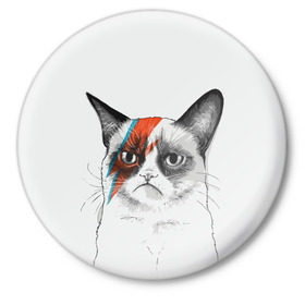 Значок с принтом Grumpy cat (David Bowie) в Курске,  металл | круглая форма, металлическая застежка в виде булавки | Тематика изображения на принте: бодиарт | грумпи | дэвид боуи | злой кот | интернет | котей | котик | кошка | мем | мемас | мемчик. | молния на лице | рисунок на лице | сердитый