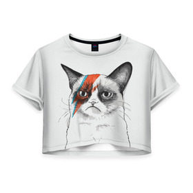 Женская футболка 3D укороченная с принтом Grumpy cat (David Bowie) в Курске, 100% полиэстер | круглая горловина, длина футболки до линии талии, рукава с отворотами | бодиарт | грумпи | дэвид боуи | злой кот | интернет | котей | котик | кошка | мем | мемас | мемчик. | молния на лице | рисунок на лице | сердитый