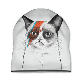 Шапка 3D с принтом Grumpy cat (David Bowie) в Курске, 100% полиэстер | универсальный размер, печать по всей поверхности изделия | бодиарт | грумпи | дэвид боуи | злой кот | интернет | котей | котик | кошка | мем | мемас | мемчик. | молния на лице | рисунок на лице | сердитый