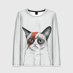 Женский лонгслив 3D с принтом Grumpy cat (David Bowie) в Курске, 100% полиэстер | длинные рукава, круглый вырез горловины, полуприлегающий силуэт | бодиарт | грумпи | дэвид боуи | злой кот | интернет | котей | котик | кошка | мем | мемас | мемчик. | молния на лице | рисунок на лице | сердитый