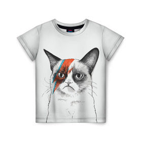 Детская футболка 3D с принтом Grumpy cat (David Bowie) в Курске, 100% гипоаллергенный полиэфир | прямой крой, круглый вырез горловины, длина до линии бедер, чуть спущенное плечо, ткань немного тянется | Тематика изображения на принте: бодиарт | грумпи | дэвид боуи | злой кот | интернет | котей | котик | кошка | мем | мемас | мемчик. | молния на лице | рисунок на лице | сердитый